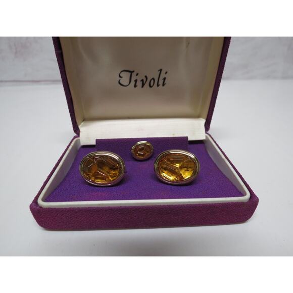 Tivoli Faux Amber Gold Tone Cufflinks & Tie Pin Chain Set - Picture 1 of 13